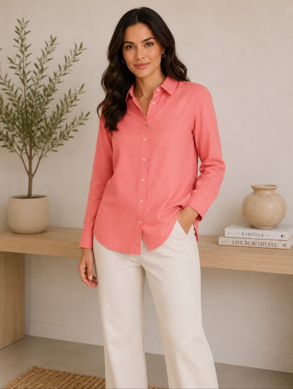 Foxcroft Coral Pink Button Front Long Sleeve Tunic Blouse Career Women's